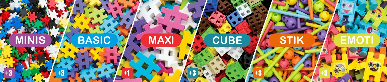 Klocki sześciu serii Twoja Marka: Minis, Basic, Maxi, Cube, Stik i figurki Emoti