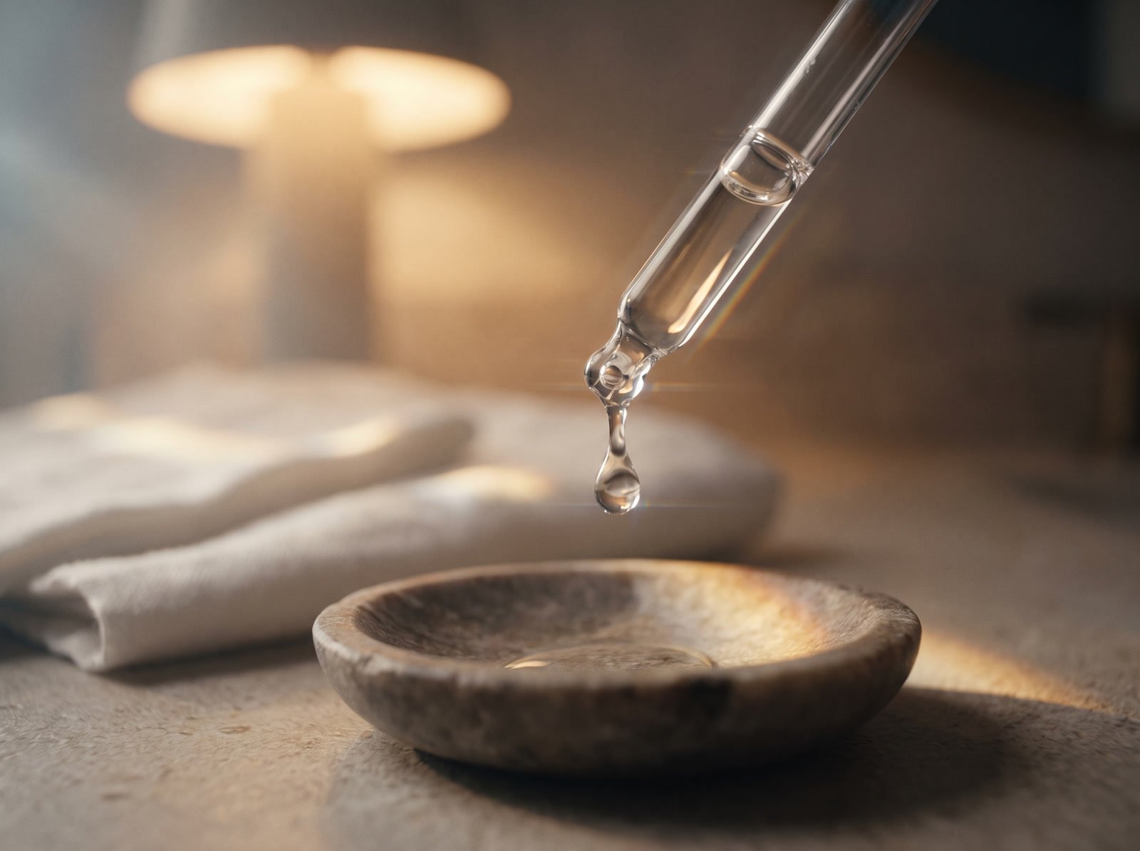 Pipeta z serum nad kamienną miseczką w świetle lampy